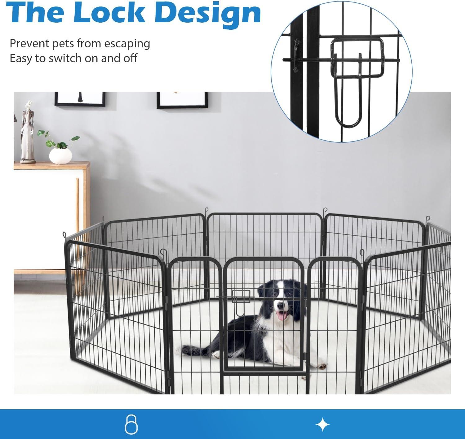 Dog Playpen, 8 Panel Foldable Dog Exercise Pen with Latch, Pet Fence with 360⁰ Hinges and Wire Meshes for Outdoor, Home, Black