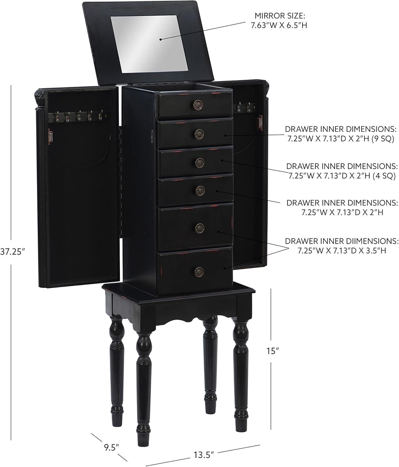 Petite Ebony Black Jewelry Armoire with Mirror and Plush Lining