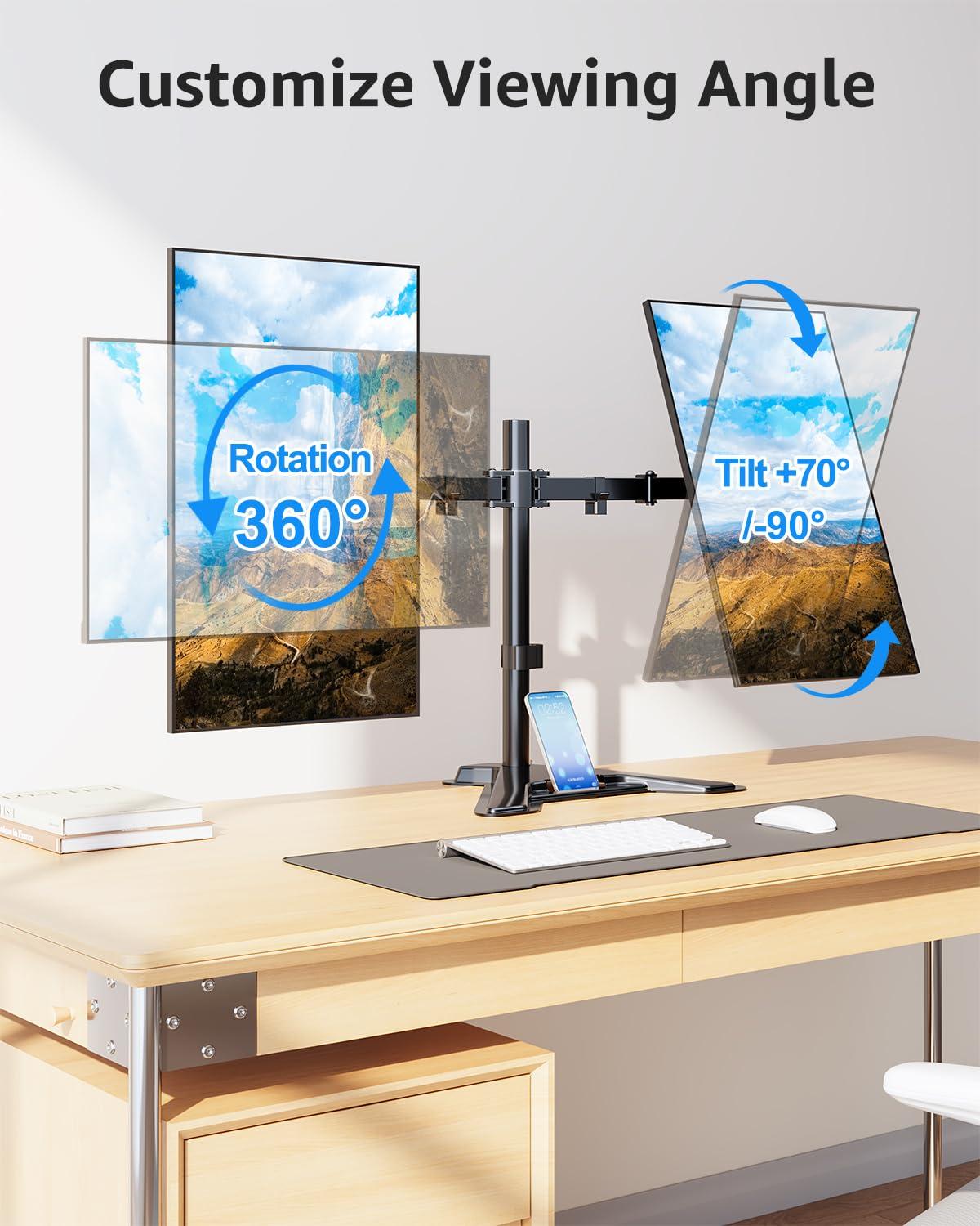 MOUNTUP Dual Monitor Stand - Freestanding & Height Adjustable Monitor Desk Mount, Steady VESA Mount Holds Max 17.6 lbs, Computer Monitor Stand for 2 Screens up to 27 inches, MU1002