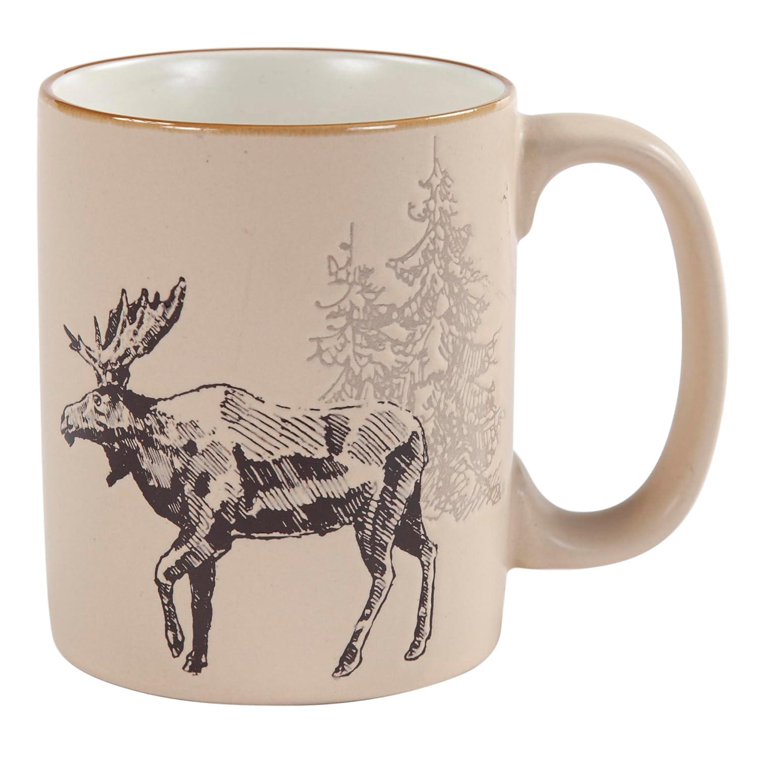 Paseo Road White Pine 16 Piece Ceramic Dinnerware Set, Pine Tree Bear Deer Moose Fox Print, Modern Rustic Cabin Lodge Dish Set with Plates, Bowls, Mugs