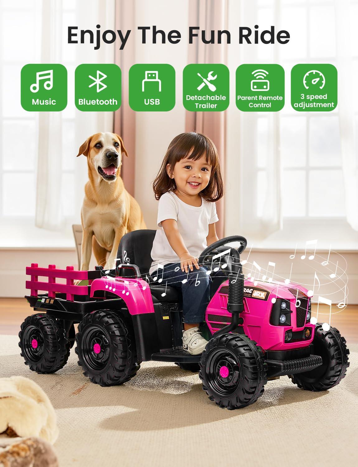 24V 400W Powered Electric Tractor for Kids, 3-Speed Ride On Tractor with Remote Control, USB/MP3/Bluetooth, LED Lights, Safety Belt, 1.86-4.97 MPH，Green