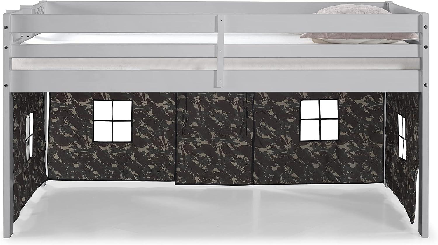 Alaterre Jasper Twin Junior Loft Bed, Dove Gray Frame and Green Camouflage Bottom Playhouse Tent