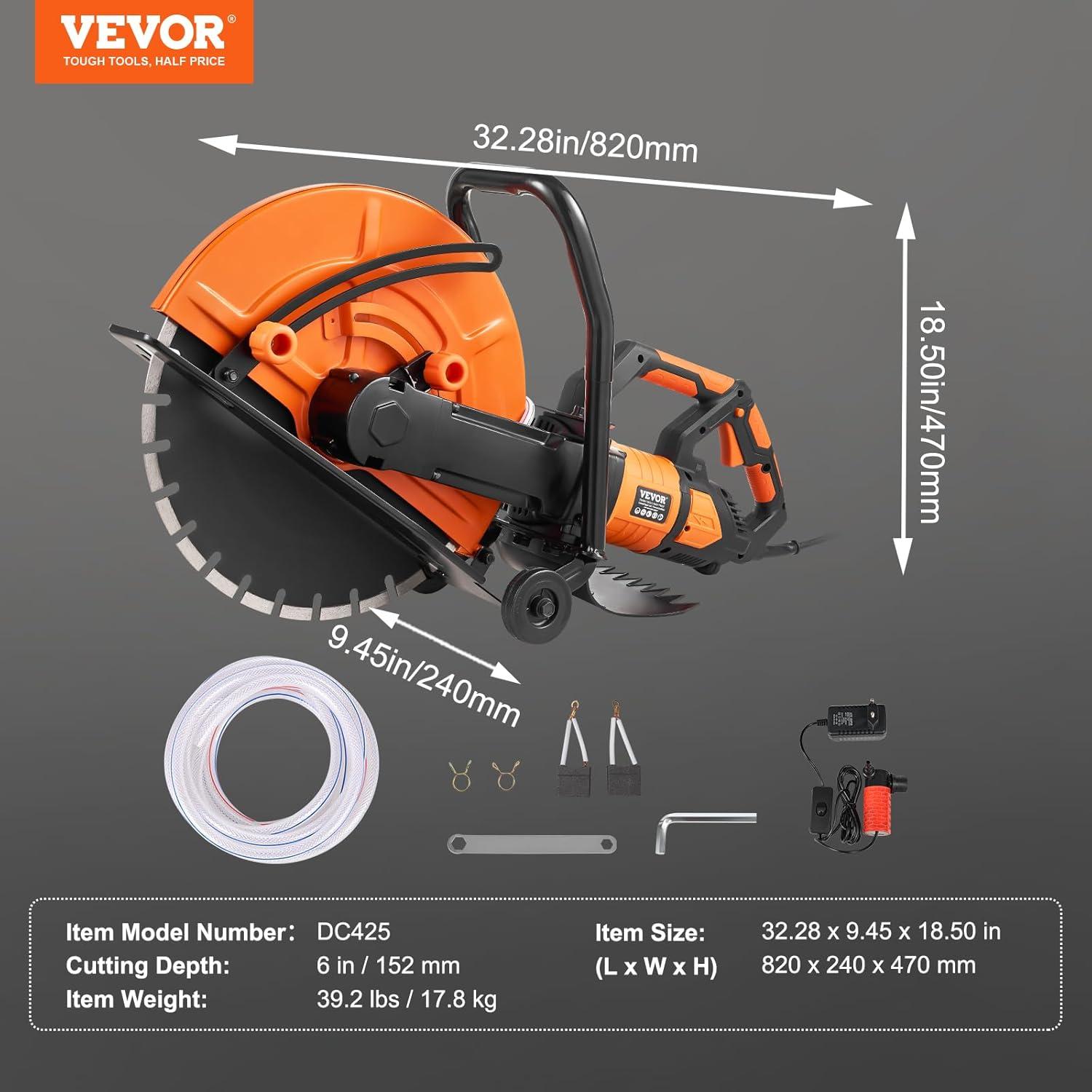 Electric Concrete Saw, 16 in, 3200 W 15 A Motor Circular Saw Cutter with Max. 6 in Adjustable Cutting Depth, Wet Disk Saw Cutter Includes Water Line, Pump and Blade, for Stone, Brick