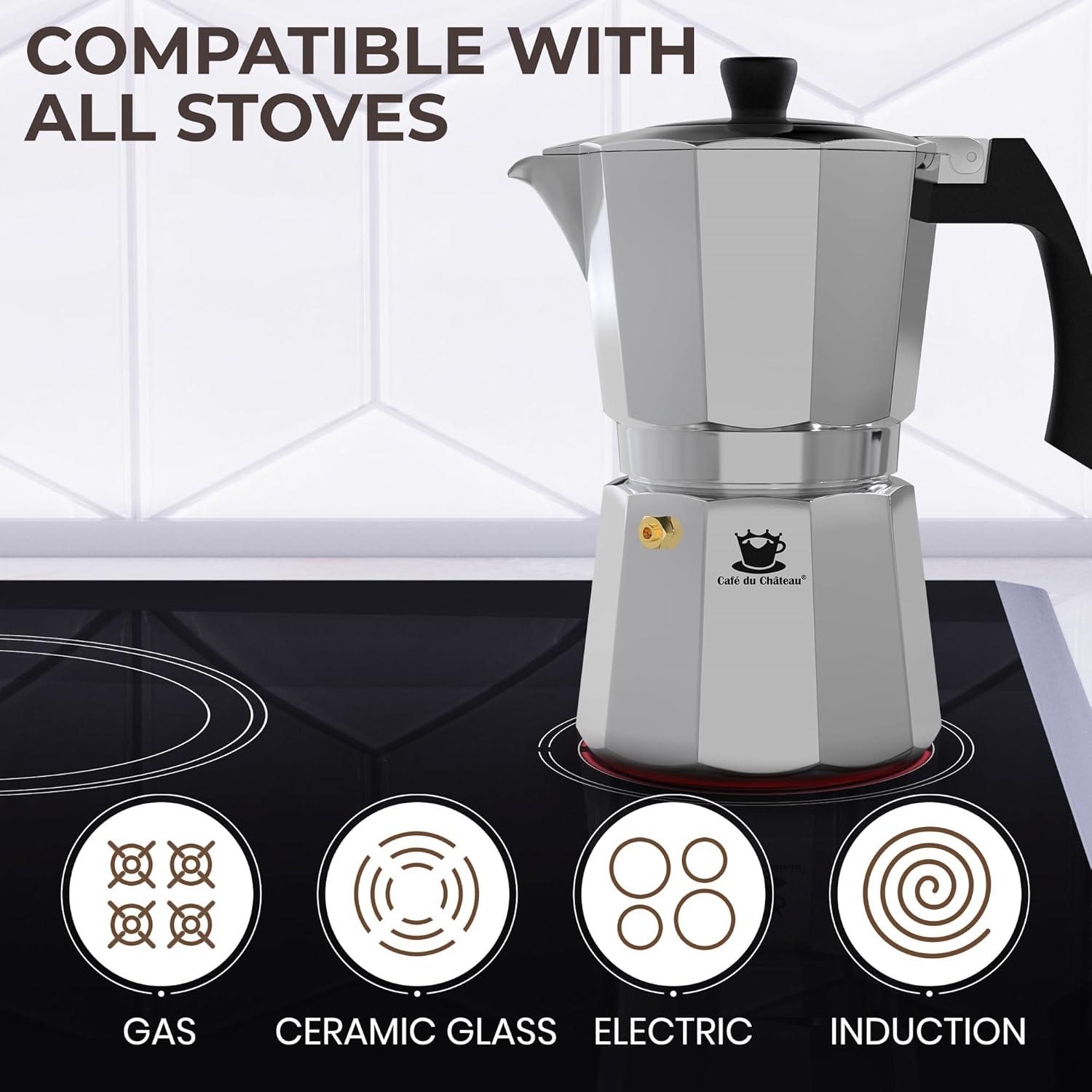 Espresso Maker by Cafe Du Chateau (313.5ml) Transparent Top Lid, High Gloss Finish, Free Coffee Clip Spoon, Coffee Percolator