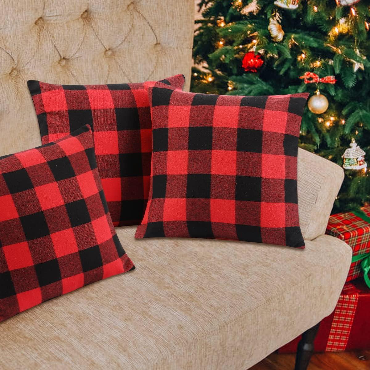 Grinch Set of 2 Christmas Buffalo Check Plaid Throw Pillow Covers Cushion Case Polyester for Farmhouse Home Decor Red and Black, 18 x 18 Inches#1