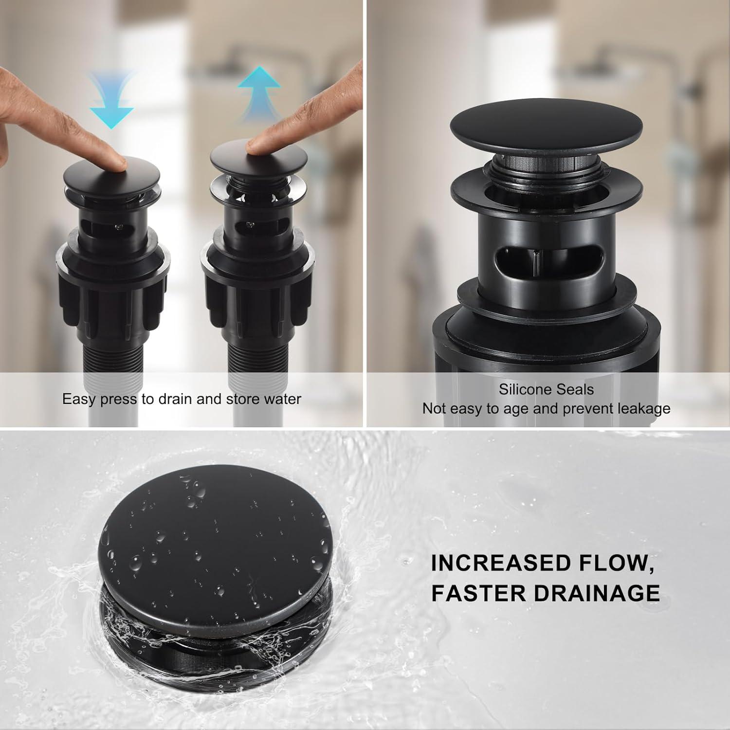Pop Up Stopper Bathroom Sink Drain with Overflow Vessel Sink Drain for Bathroom Matte Black Pop Up Drain Stopper Anti Clog Strainer Assembly with Strainer Lavatory Vanity Vessel Pop Up Drain Stopper