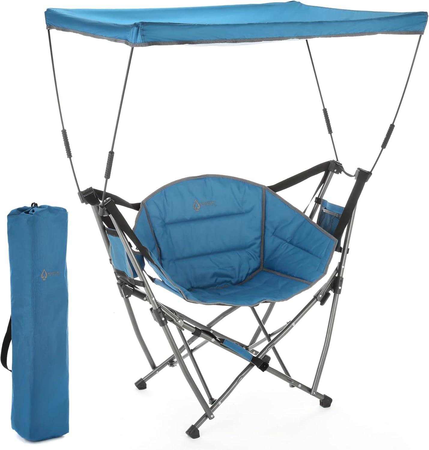 ARROWHEAD OUTDOOR Folding Swinging Hammock Camping Chair, w/ Canopy, Cup Holder, Storage Pouch, Carrying Bag, Blue