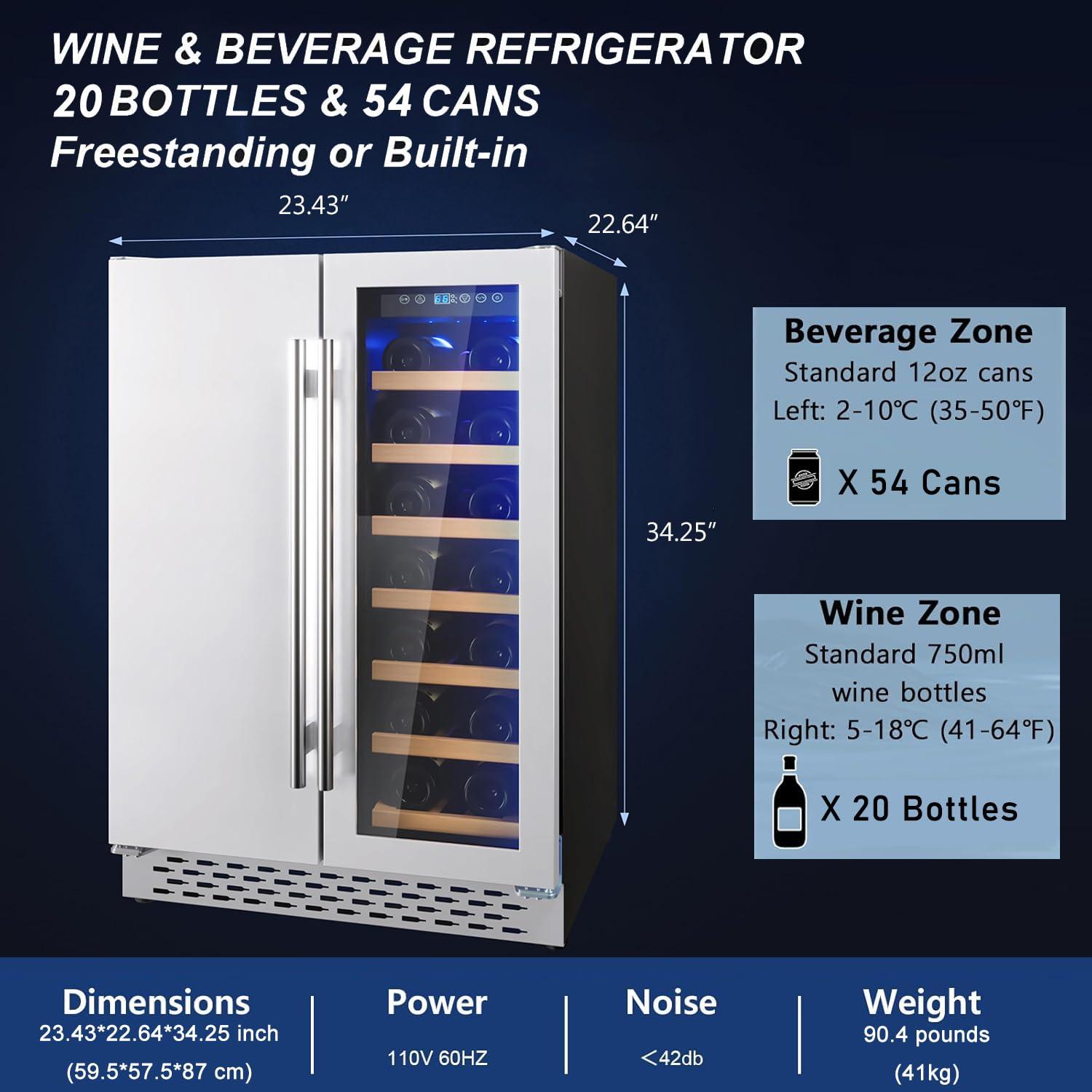 Accreate Beverage and Wine Cooler - Dual Zone, Built-in and Freestanding, Holds 54 Cans and 20 Bottles