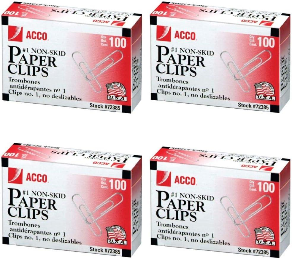 ACCO Paper Clips, #1, Nonskid, Silver, 100 Clips/Box, 10 Boxes/Pack