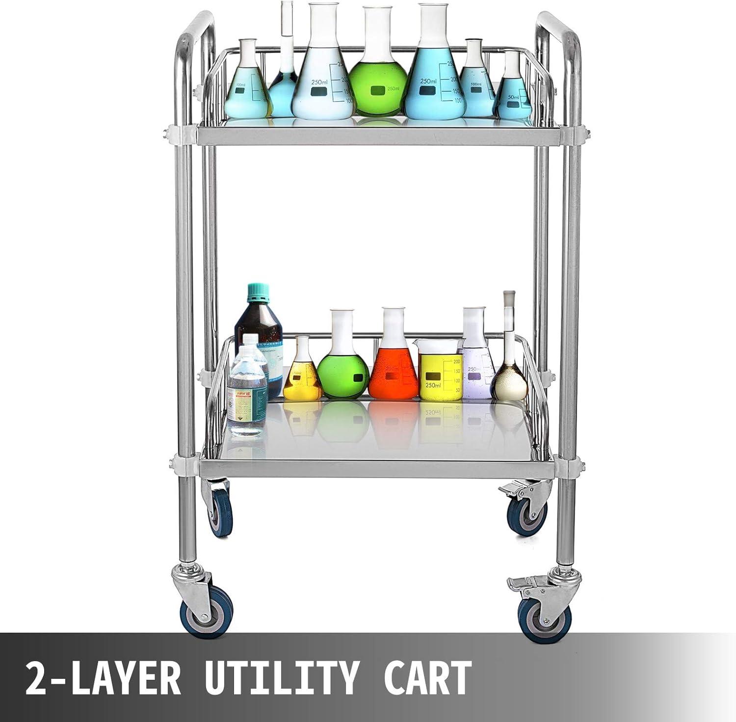 VEVOR Lab Rolling Cart, 2-Shelf Stainless Steel Rolling Cart, Lab Serving Cart with Swivel Casters, Dental Utility Cart for Clinic, Lab, Hospital, Salon, 15.16"x21.57"x34.06"