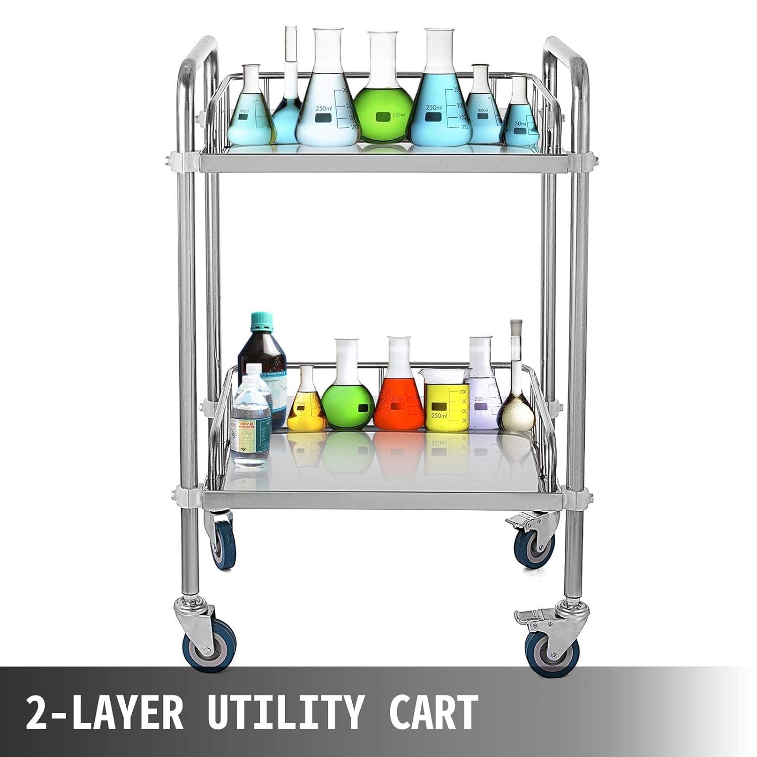 VEVOR Lab Rolling Cart, 2-Shelf Stainless Steel Rolling Cart, Lab Serving Cart with Swivel Casters, Dental Utility Cart for Clinic, Lab, Hospital, Salon, 15.16"x21.57"x34.06"