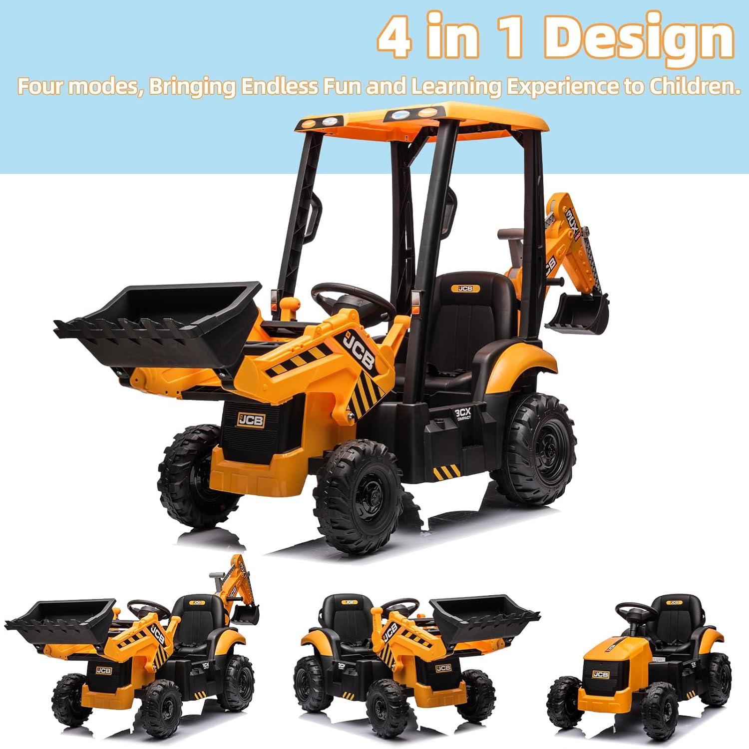 EastVita 12V Ride on Toys Tractor, Kids Ride on Car Toy Excavator Bulldozer, 12V Digger w/Trailer, Shovel Bucket, Digger, Remote Control, EVA Tires, LED Lights, Music, USB