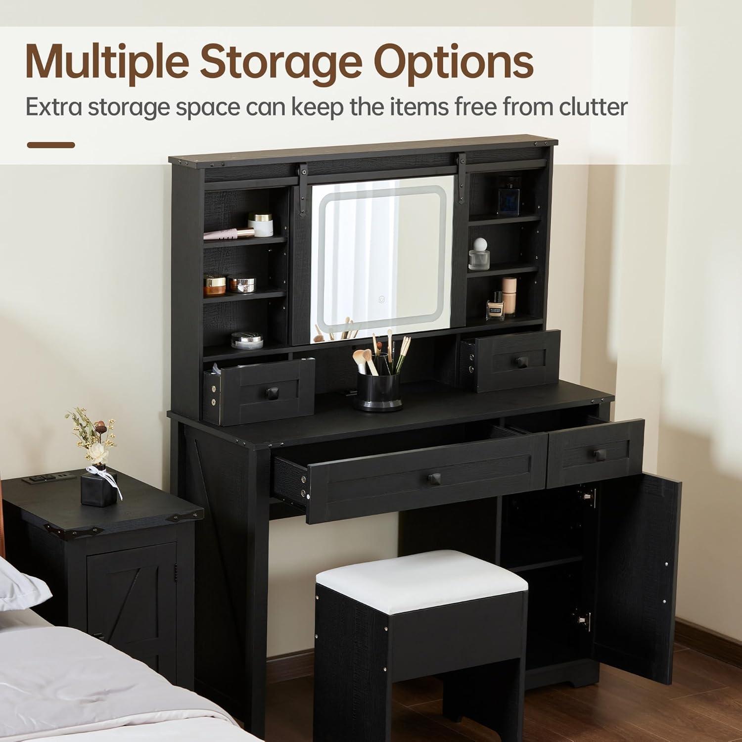 Farmhouse 42'' Makeup Vanity Desk with lighted Sliding Mirror,Tabletop Dresser,2 Drawers & Shelves, Stool Included. Black