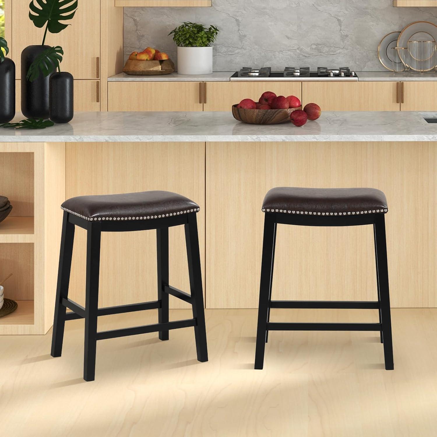 Costway 26-Inch Bar Stool Set of 2 Counter Height Saddle Stools with Upholstered Seat Brown