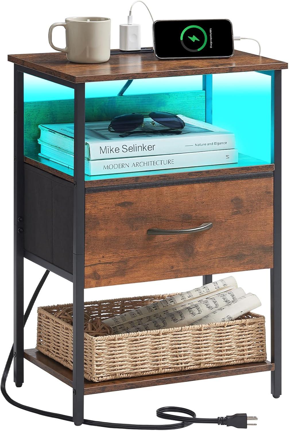Somdot Bedside Table Set of 2 with Charging Station, LED and Storage Shelfs for Bedroom Living Room, Wood Grain Print