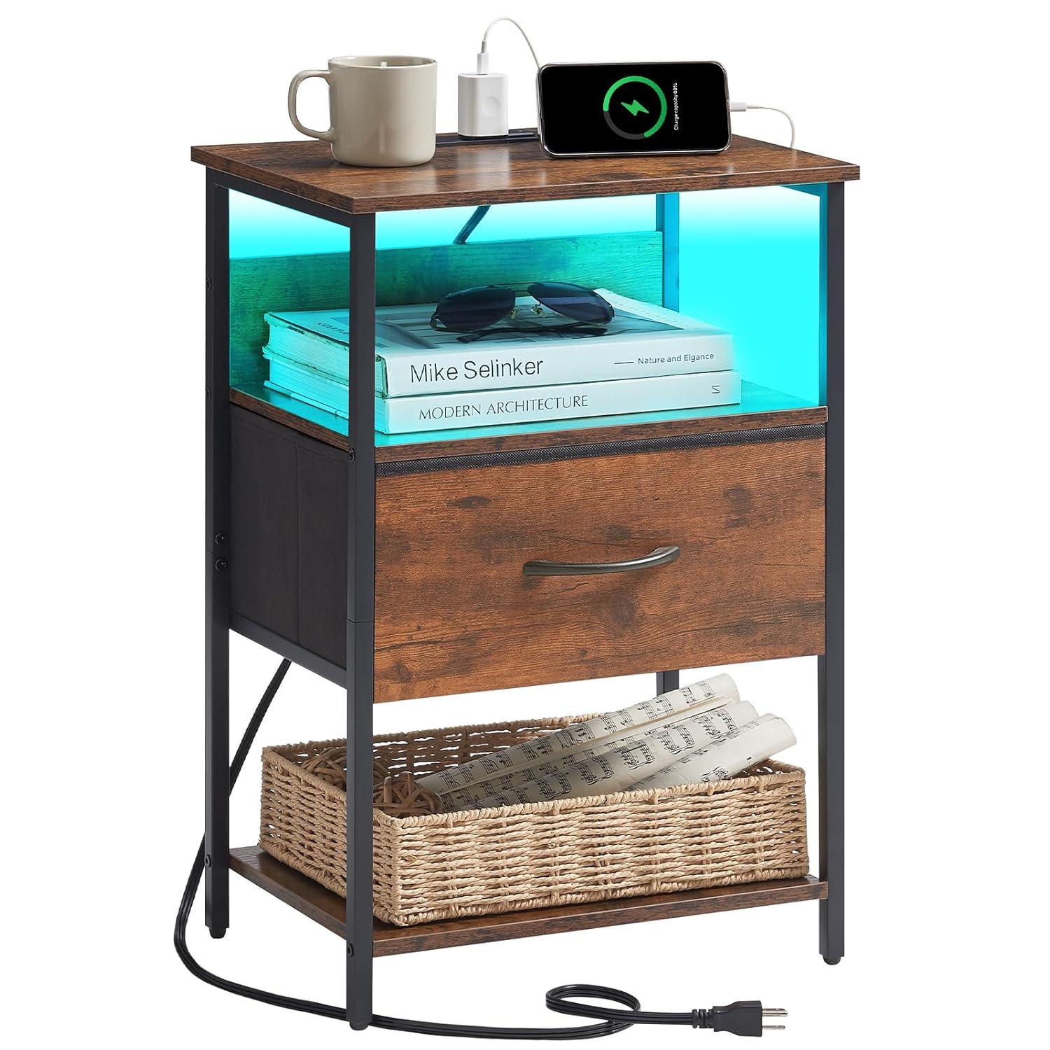 Somdot Bedside Table Set of 2 with Charging Station, LED and Storage Shelfs for Bedroom Living Room, Wood Grain Print