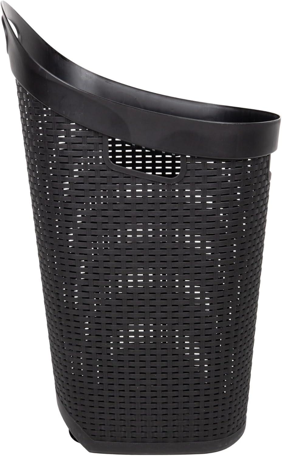 Black Plastic Wicker Style Rolling Laundry Hamper with Lid