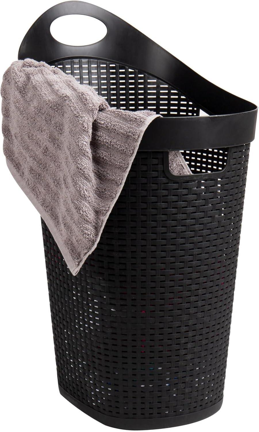 Black Plastic Wicker Style Rolling Laundry Hamper with Lid