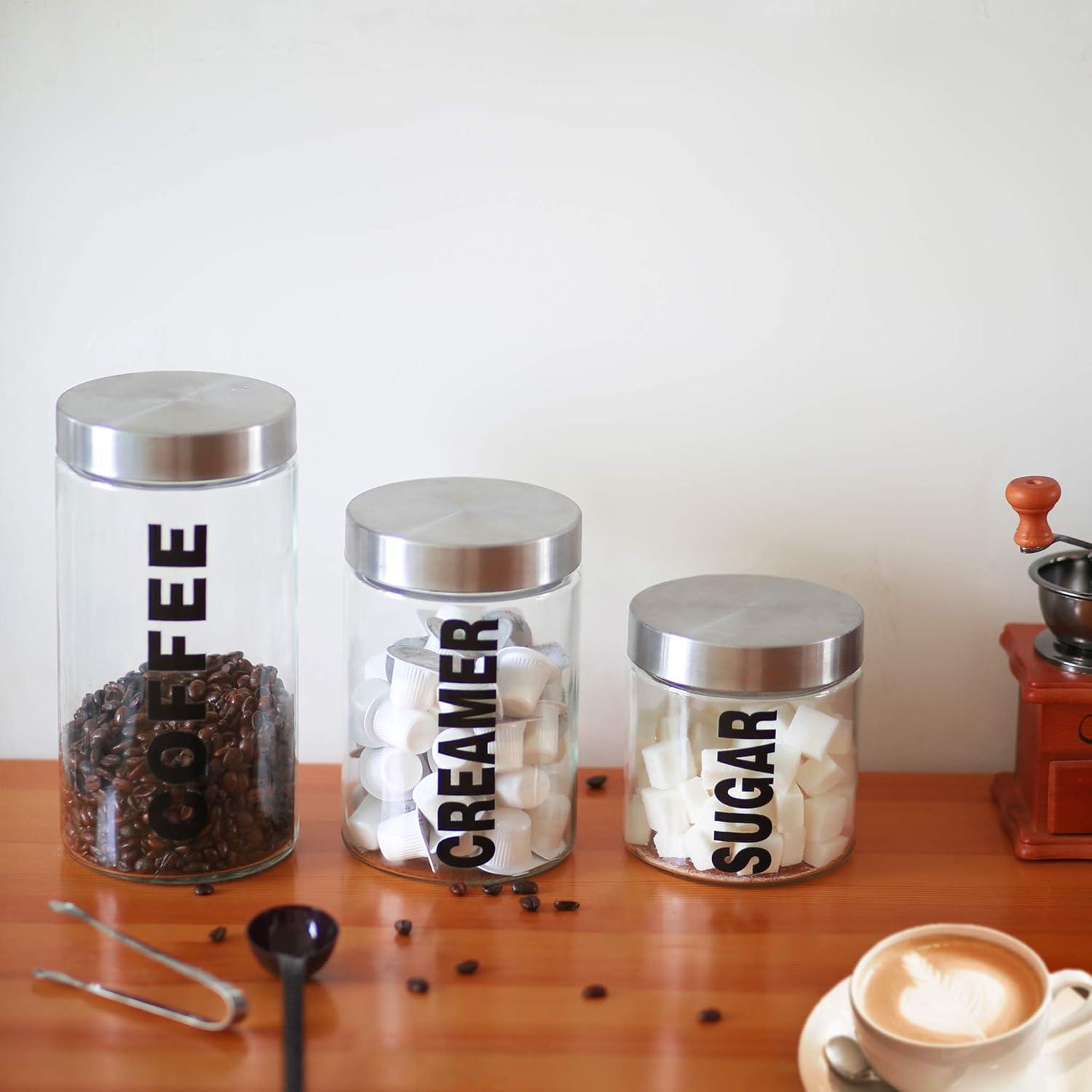KMwares Glass Food Jars, Clear Storage Containers with Stainless Steel Lid, Airtight Glass Canisters Set for Coffee, Sugar and Creamer Container Set of 3 w Stainless Steel Lids((Sizes/57/44/29 oz)