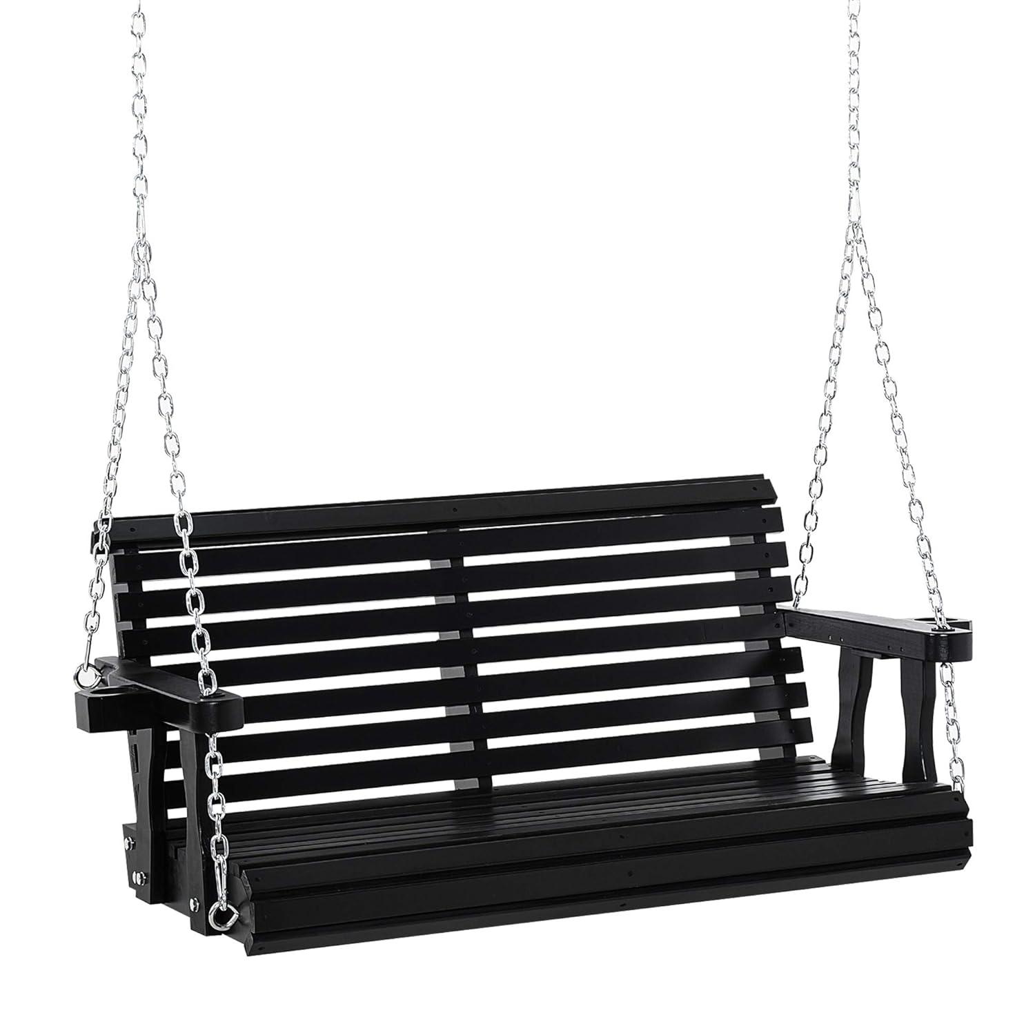 Outsunny 46" 2-Person Porch Swing Wooden Patio Swing Bench with Cup Holders, Slatted Design, & Chains Included, 440lb Weight Capacity, Black