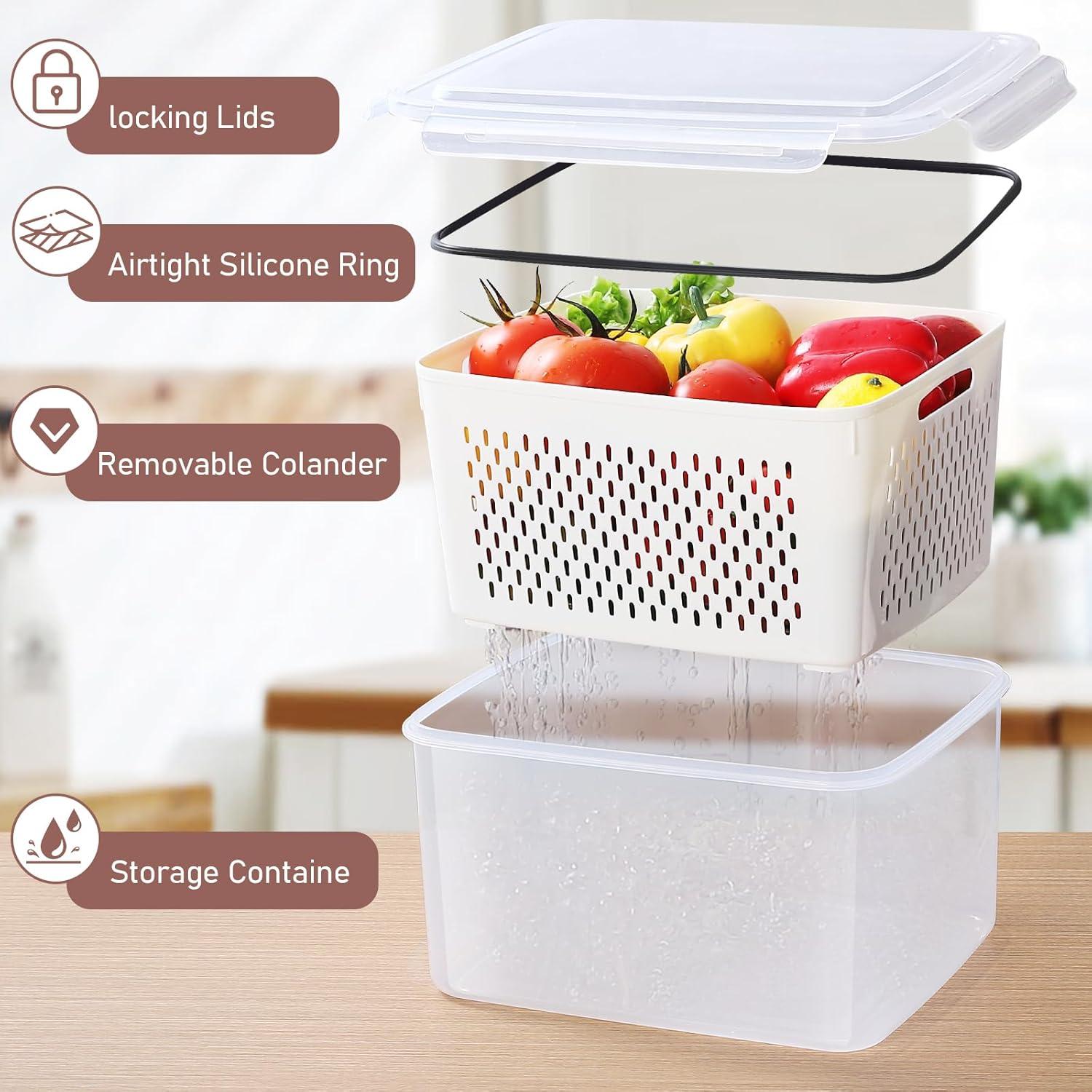 6 PCS Large Fruit Containers for Fridge - Leakproof Food Storage Containers with Removable Colander - Dishwasher & Microwave Safe Produce Containers Keep Fruits, Vegetables, Berry, Meat Fresh longer…