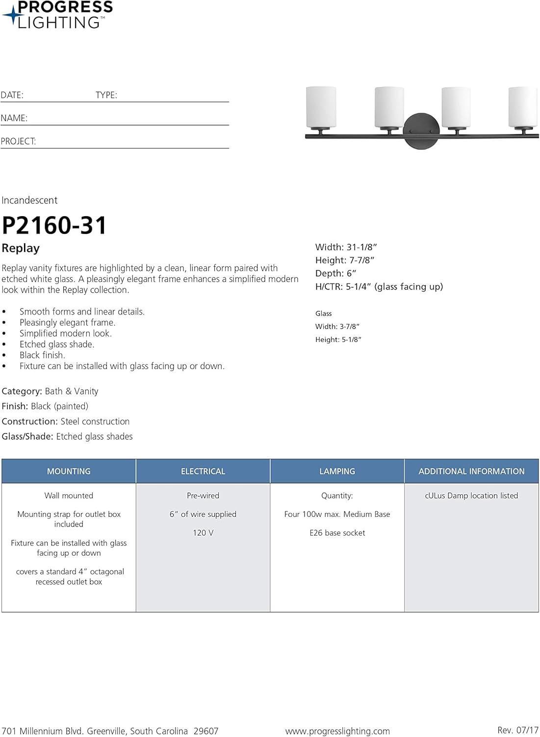 Progress Lighting Replay 4-Light Bath Vanity, Textured Black, Porcelain Shade