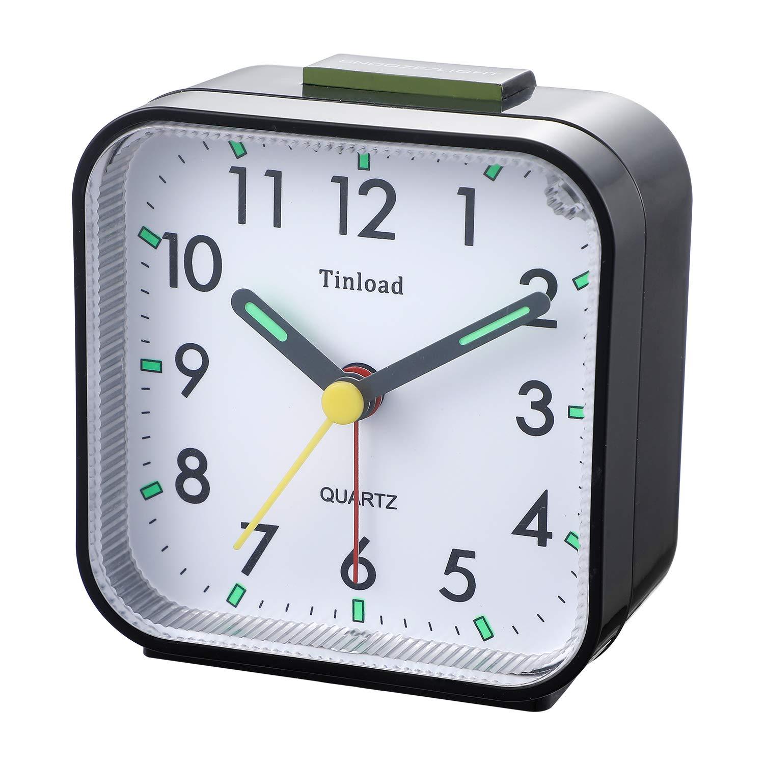 Small Battery Operated Analog Alarm Clock Silent Non Ticking, Ascending Beep Sounds, Snooze,Light Functions, Easy Set(Black)