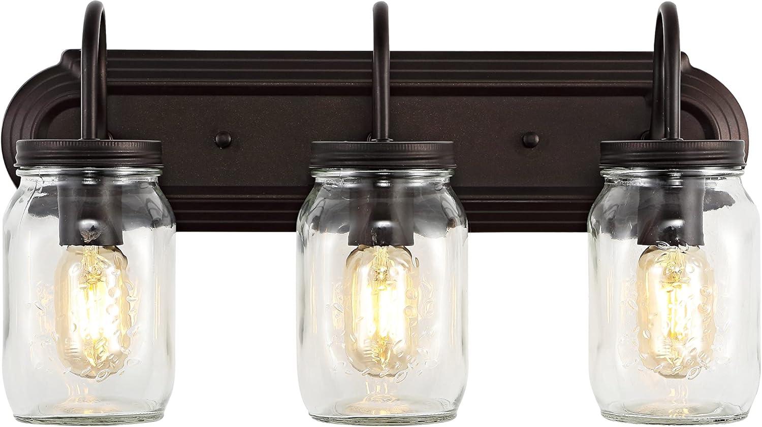 Gaines 19.3" 3-Light Farmhouse Industrial Iron Mason Jar LED Vanity, Oil Rubbed Bronze/Clear