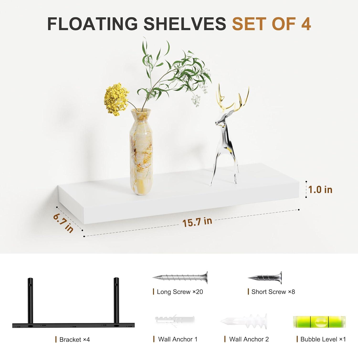 Sorbus 4 Pack Wall Mounted Floating Shelves - for storage and displaying showpieces, home decor items, and other prized possessions (White)