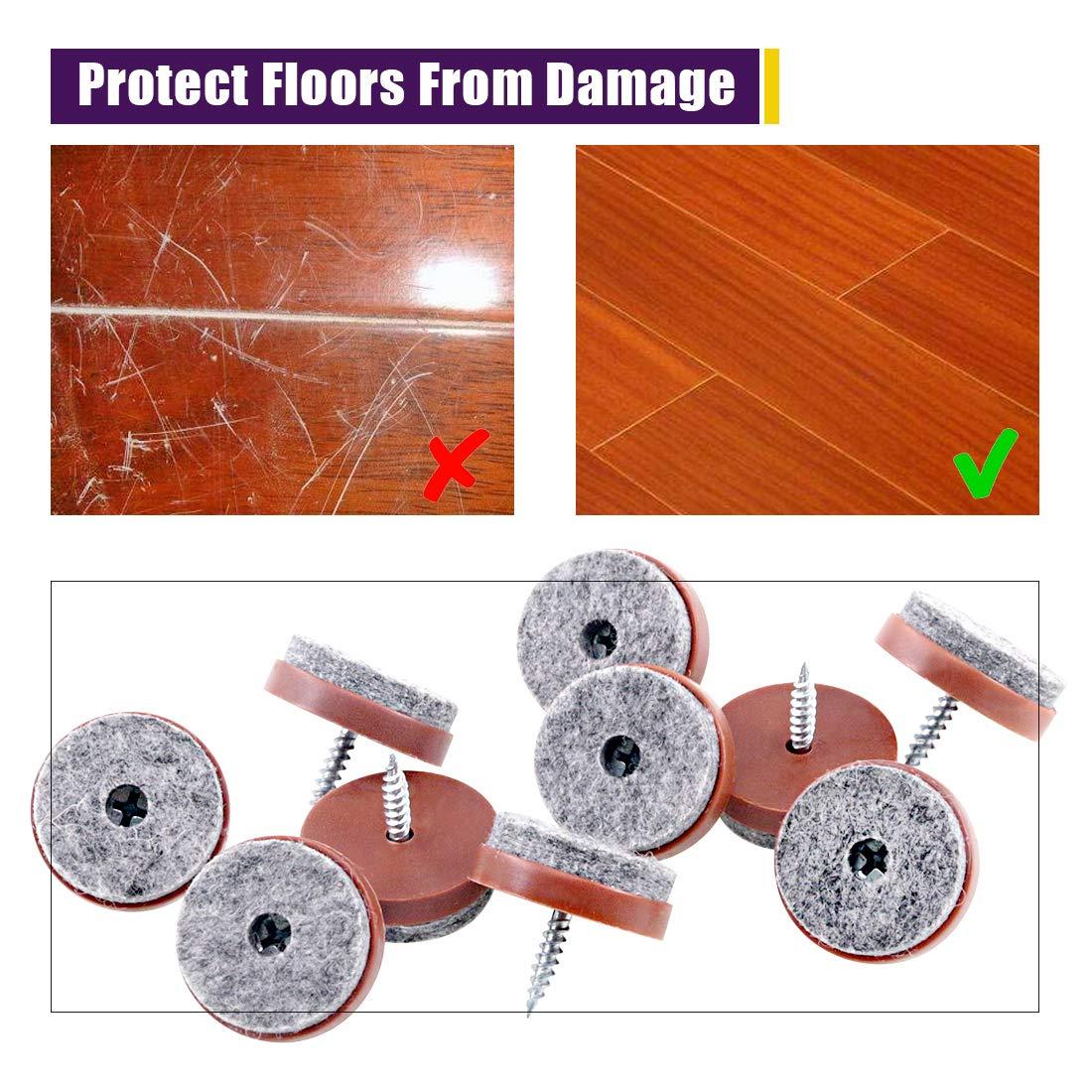 Swpeet 52Pcs 20mm Brown Furniture Felt Pads Non Slip Furniture Pads with Screw-on Felt Pad Furniture Slider Floor Protector for Wooden Leg Feet of Chair Table Sofa