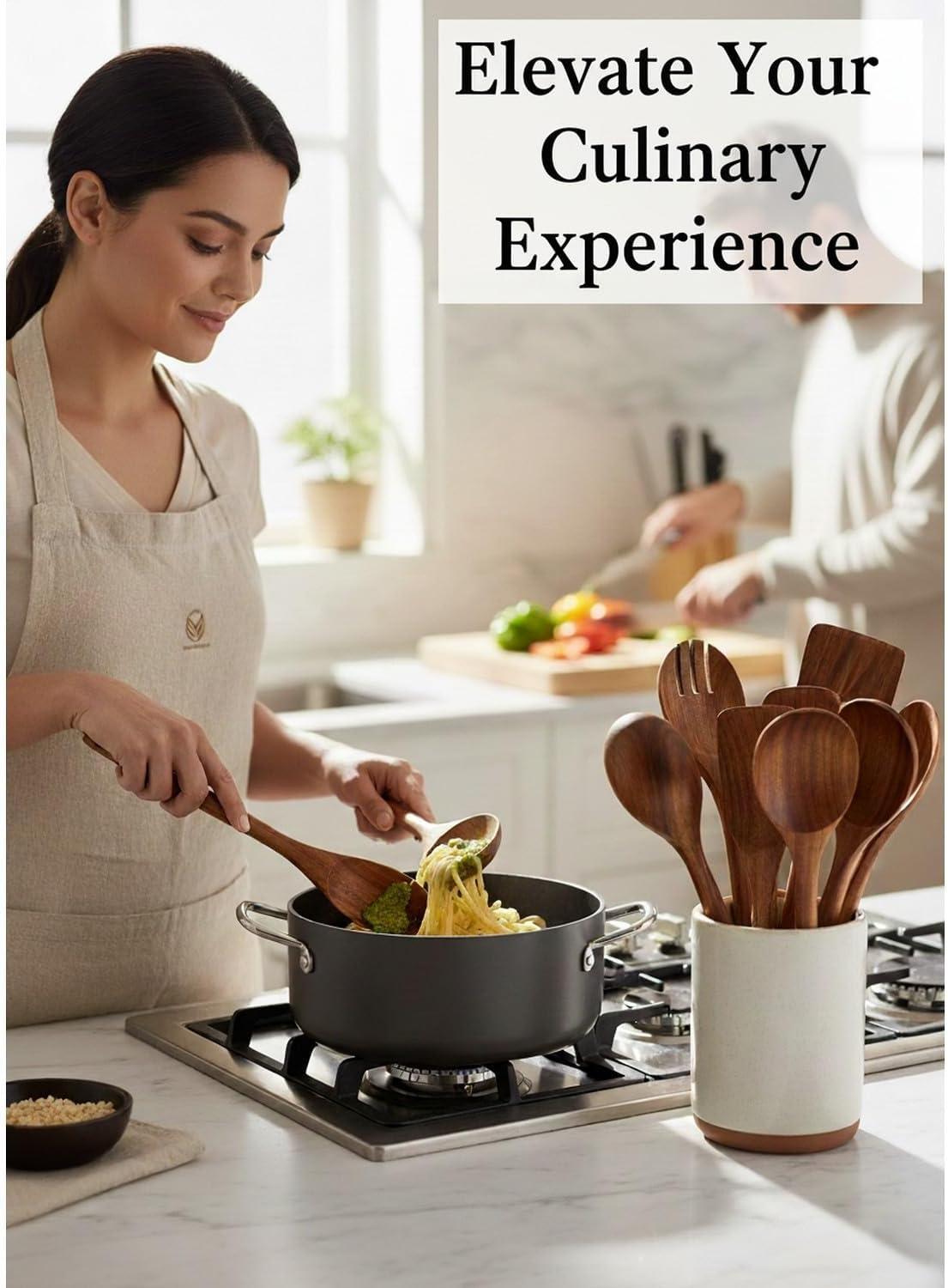 Wooden Spoons for Cooking, 10 Pcs Teak Wood Cooking Utensil Set ‚ Wooden Kitchen Utensils for Nonstick Pans & Cookware ‚ Sturdy, Lightweight & Heat Resistant