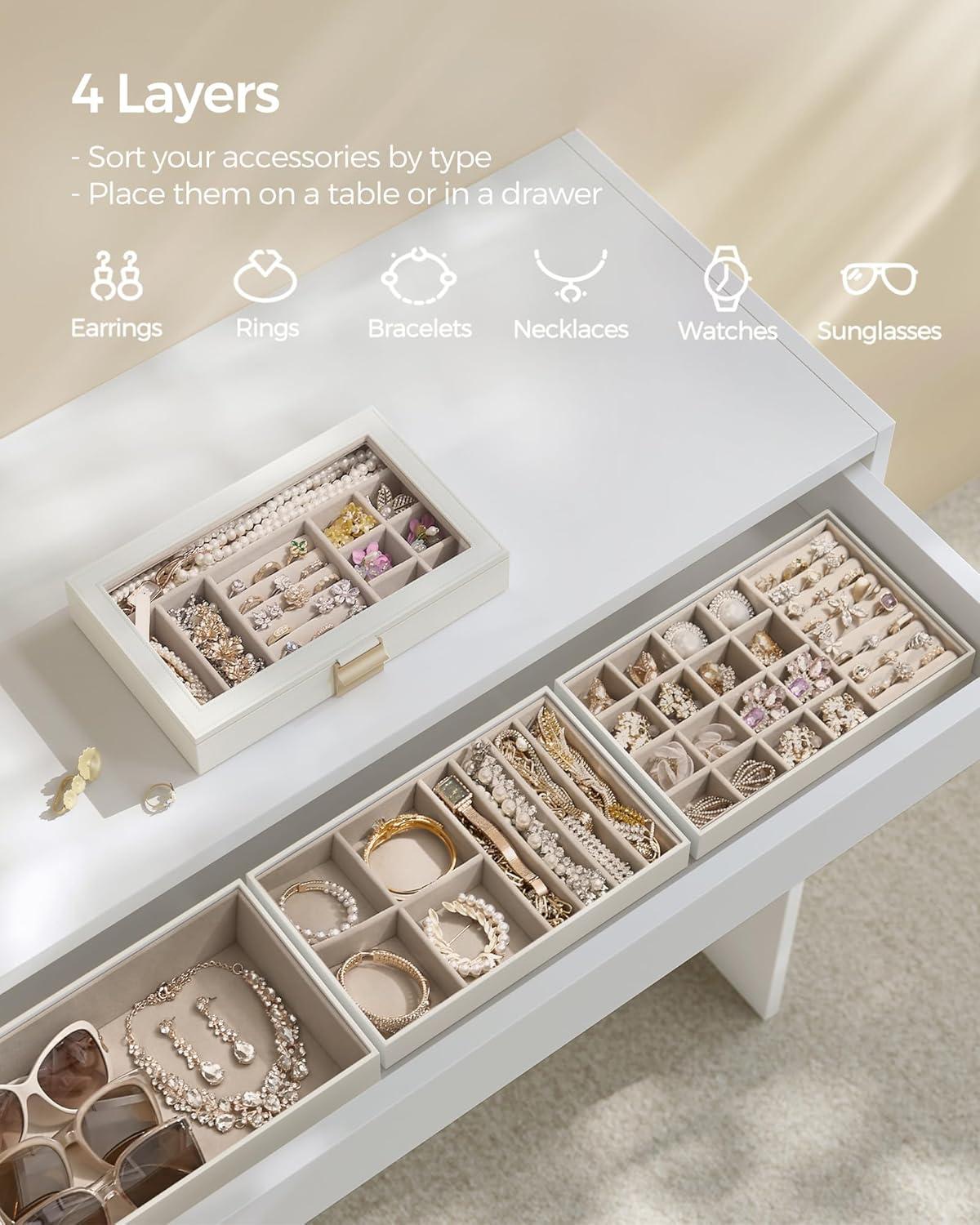 Latitude Run® Stackable Jewelry Trays, 4-Tier Jewelry Box, Drawer Jewelry Organizer, With Glass Lid, Removable Dividers, For Vanity Table, 6.7 X 11 X 7.2 Inches, Cloud White