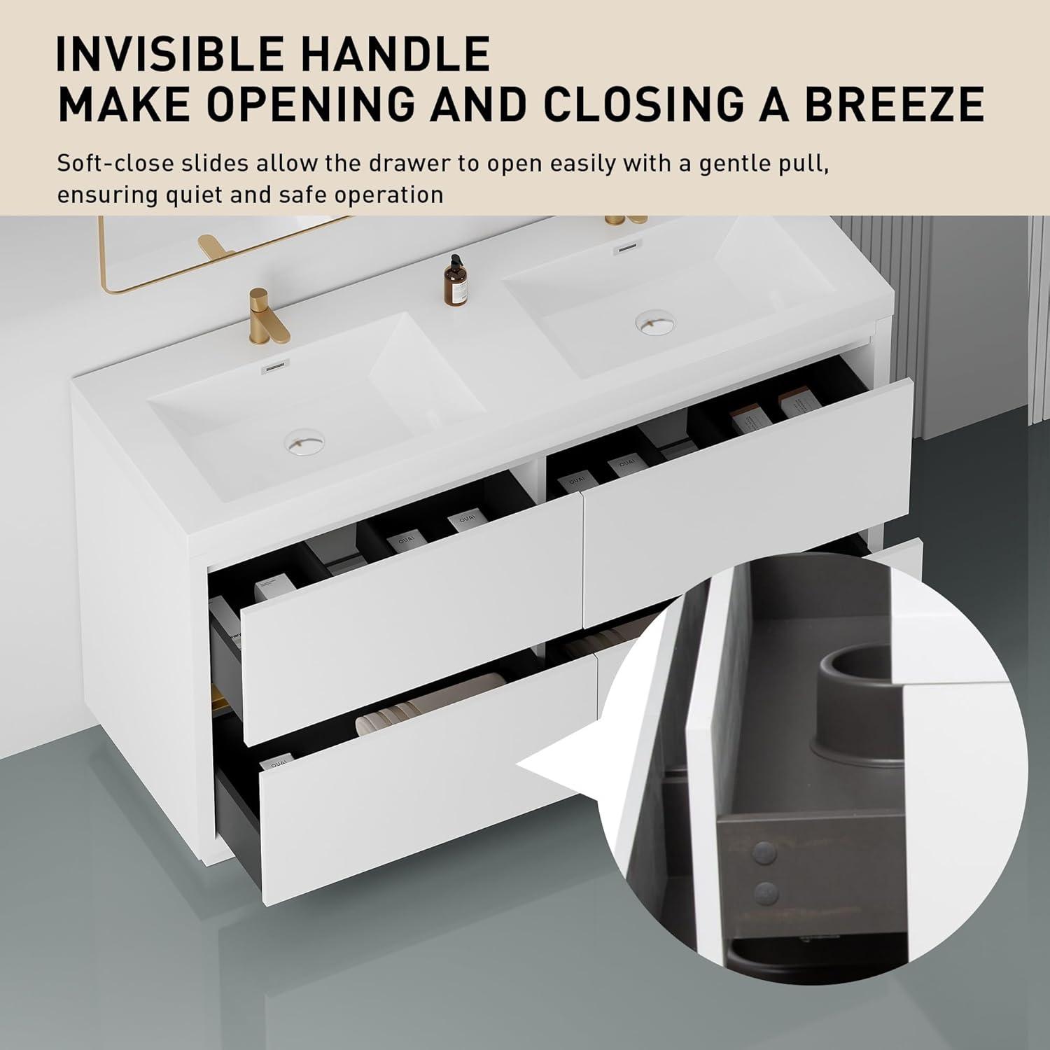 Natural Oak Freestanding Double Sink Bathroom Vanity with White Resin Countertop