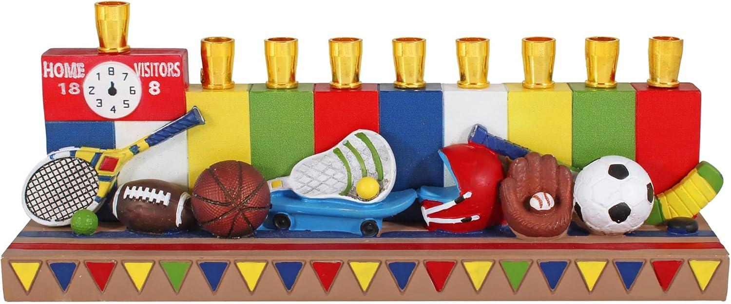 Aviv Judaica Hanukkah Sports Menorah for Kids Polyresin Chanukah Candles Menorah for Children 3D Sculptured Boys & Girls Ball Games Hanukkiah Baseball Hanukkiah Basketball Chanukiah Football Minorah