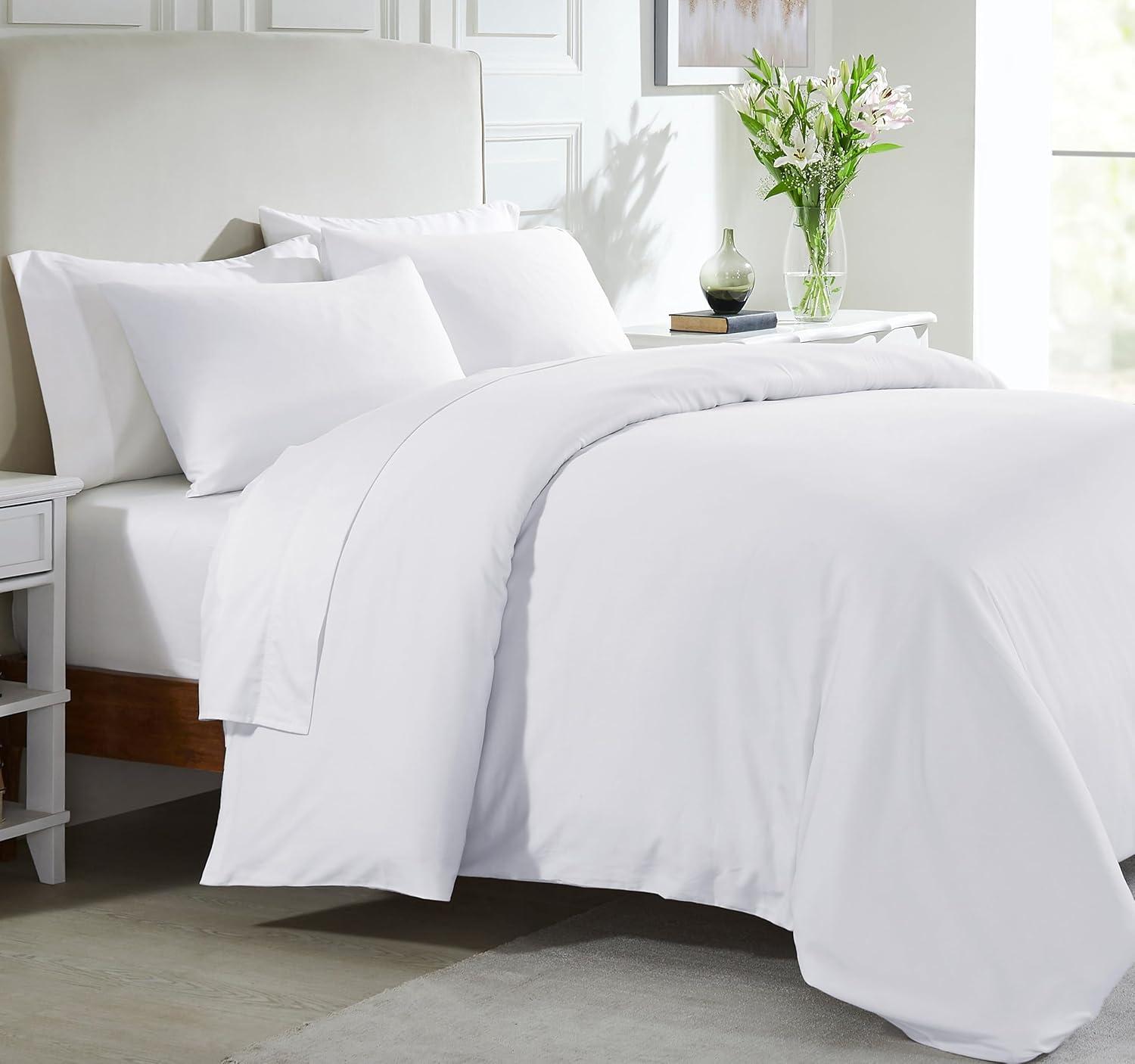 100% Cotton Duvet Cover Set - Premium 400 Thread Count, , Smooth Sateen Weave, Button Closure and Corner Ties (3 Piece, Pure White, Oversized King)