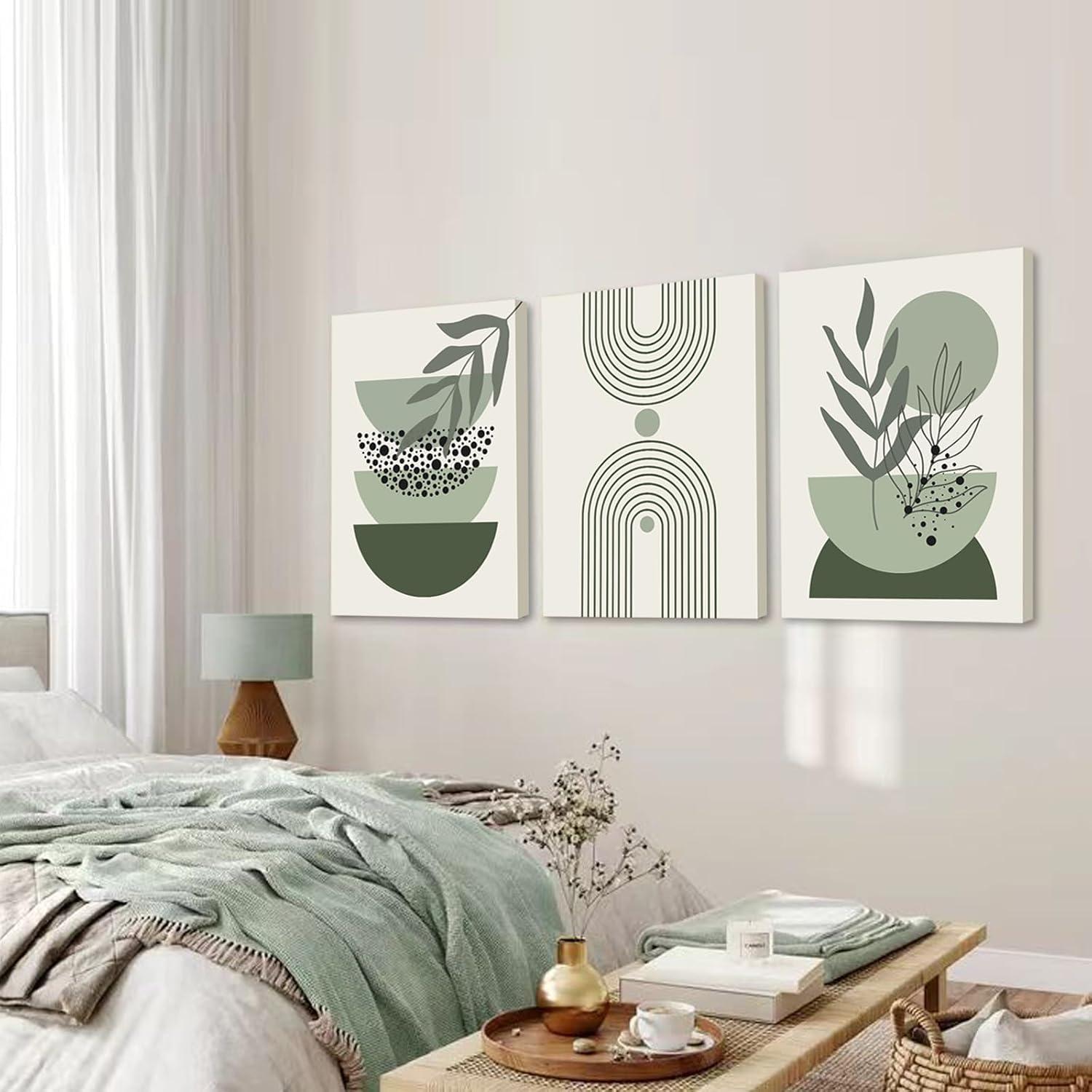 Sage Green Boho Wall Art Set of 3, Minimalist Framed Wall Art Geometric Line Leaf Sun Moon Beige Green Canvas Artwork Paintings, Abstract Botanical Boho Room Decor, Sage Green Wall Posters 12"x16"