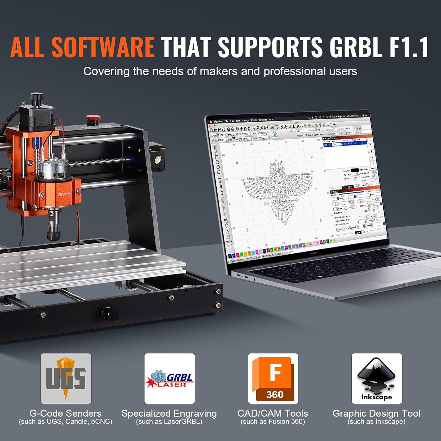 VEVOR CNC Router Machine, 120W 3 Axis GRBL Control Wood Engraving Carving Milling Machine Kit, 300 x 200 x 60 mm/11.8 x 7.87 x 2.36 in Working Area 10000 RPM for Wood Acrylic MDF PVC Plastic Foam