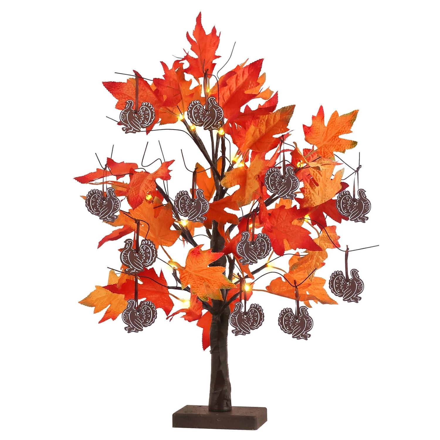 Fall Decorations For Home, 24”/2FT Lighted Fall Maple Leaves Tree With 24LT Warm White Leds For Autumn Decor, 12 Wood Acorns Ornaments Battery Powered Timer For Home Decor, Thanksgiving