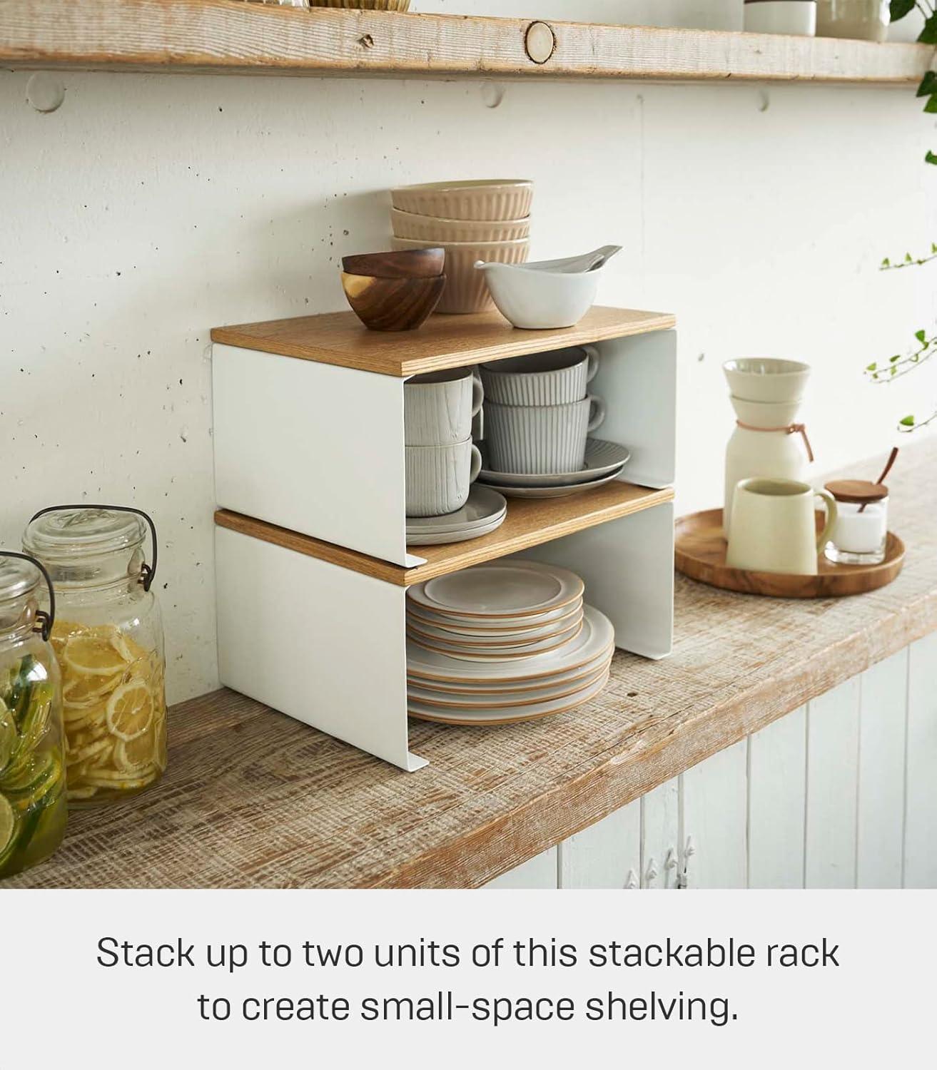 Tosca Yamazaki Home Wood-Top Stackable Kitchen Rack, Modern Counter Shelf Organizer