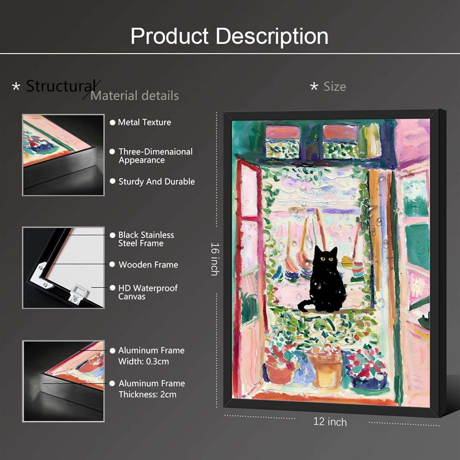 Henri Matisse Oil Paintings on Canvas Wall Art Matisse Famous Open Window Black Cat Poster Funny Cat Floral Print Colorful Farmhouse Gallery Aesthetic Room Decor for Bedroom Bathroom 12x16in Unframed