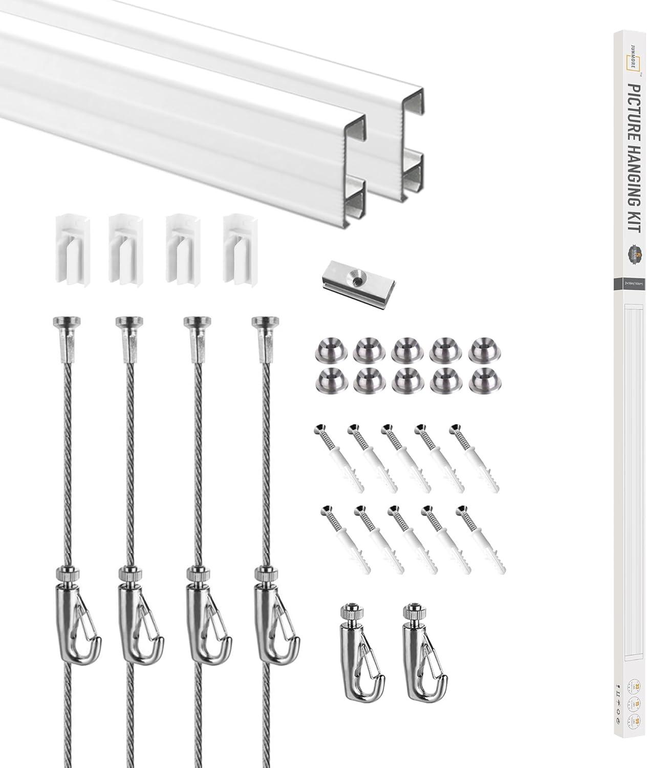 Picture Hanging System Click Rail Kits,in one Set Included Two of White Rails 59", Four of Steel Cables, six of Hooks, Four of end caps, and Installation Hardware