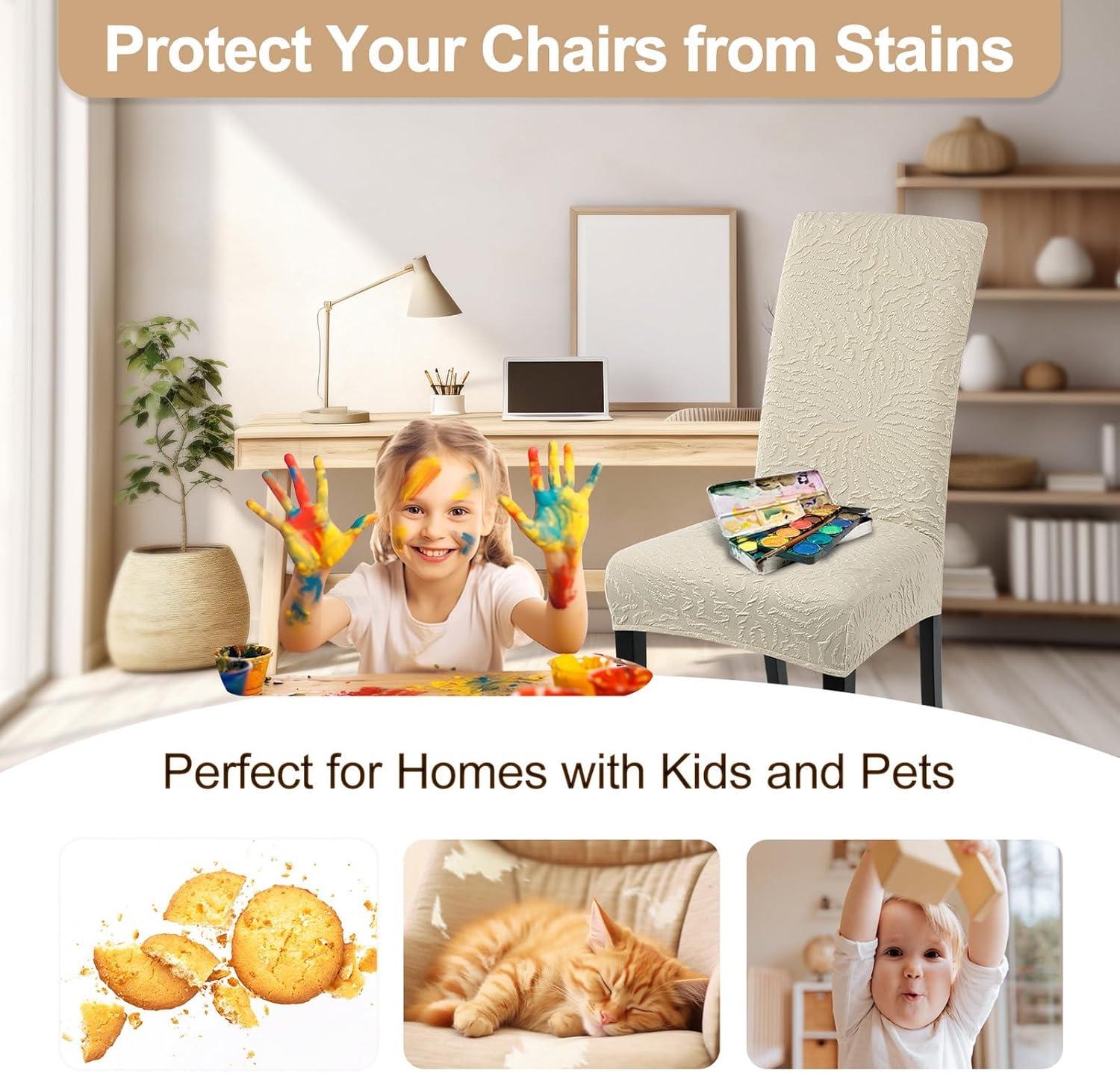 Beige Stretch Jacquard Dining Chair Covers, Set of 4