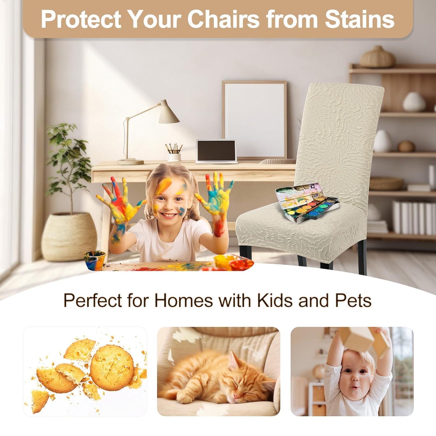 Beige Stretch Jacquard Dining Chair Covers, Set of 4