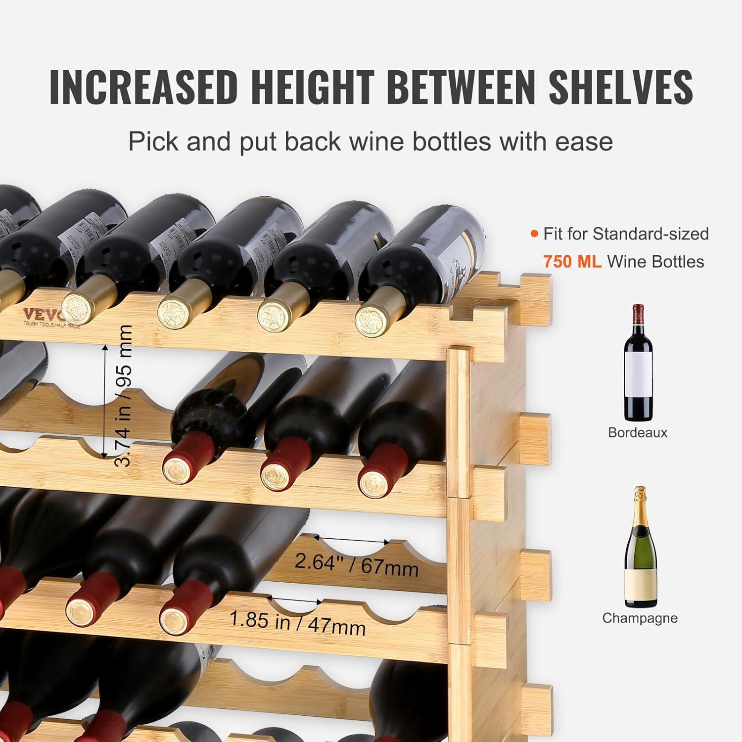 48 Bottle Stackable Modular Wine Rack Bamboo Wood Display Shelf 6-Tier