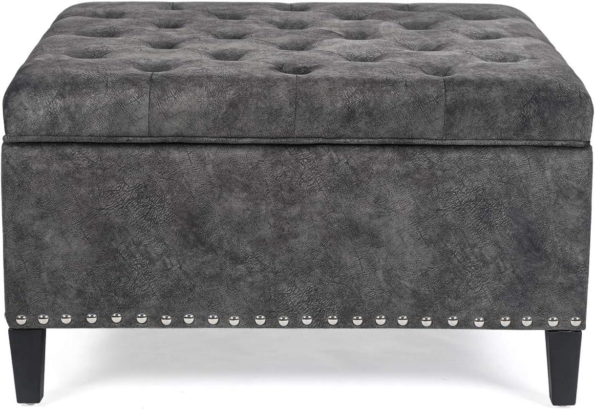 Adeco Large Square Footstool Fabric Ottoman with Storage Footstool, Dark Gray