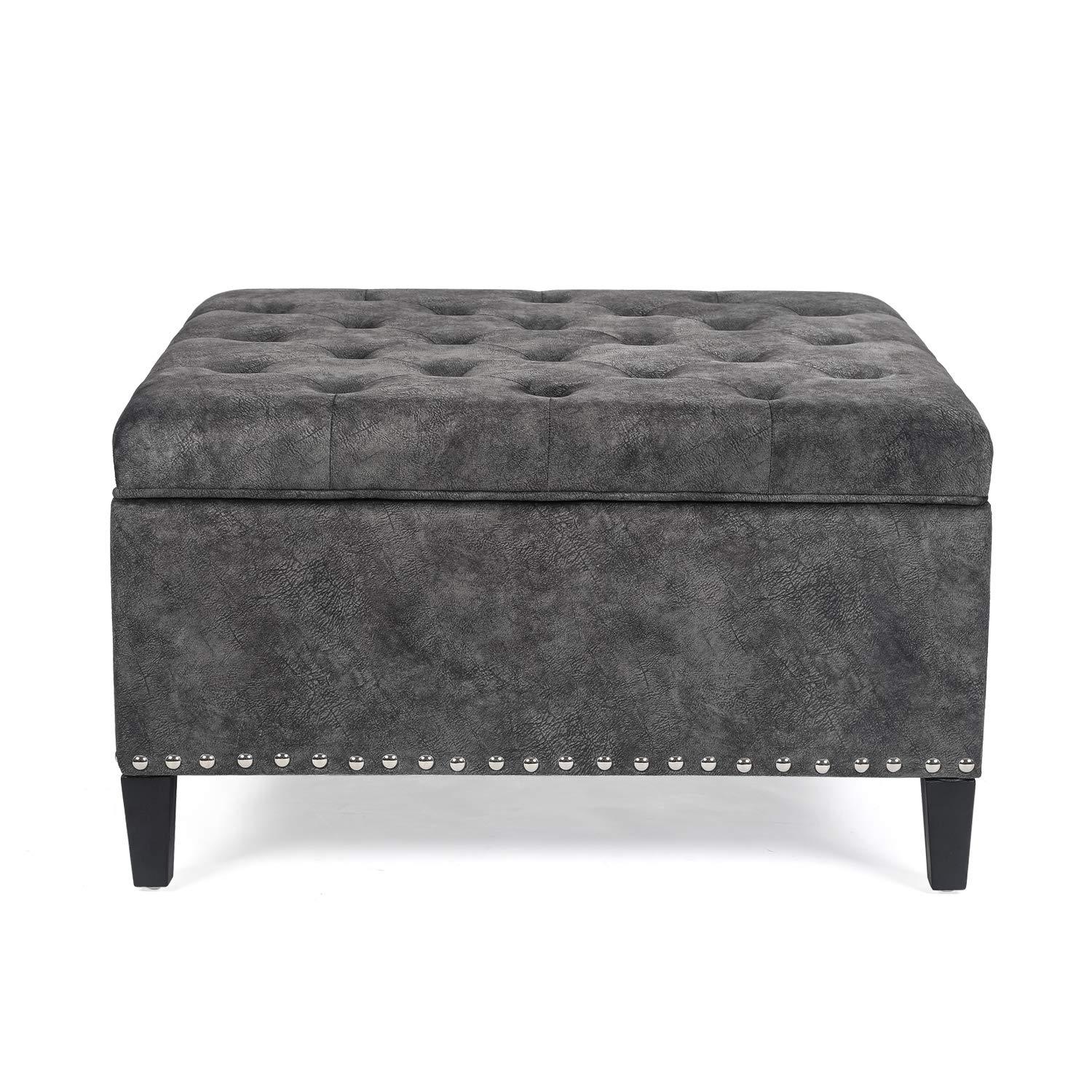 Adeco Large Square Footstool Fabric Ottoman with Storage Footstool, Dark Gray