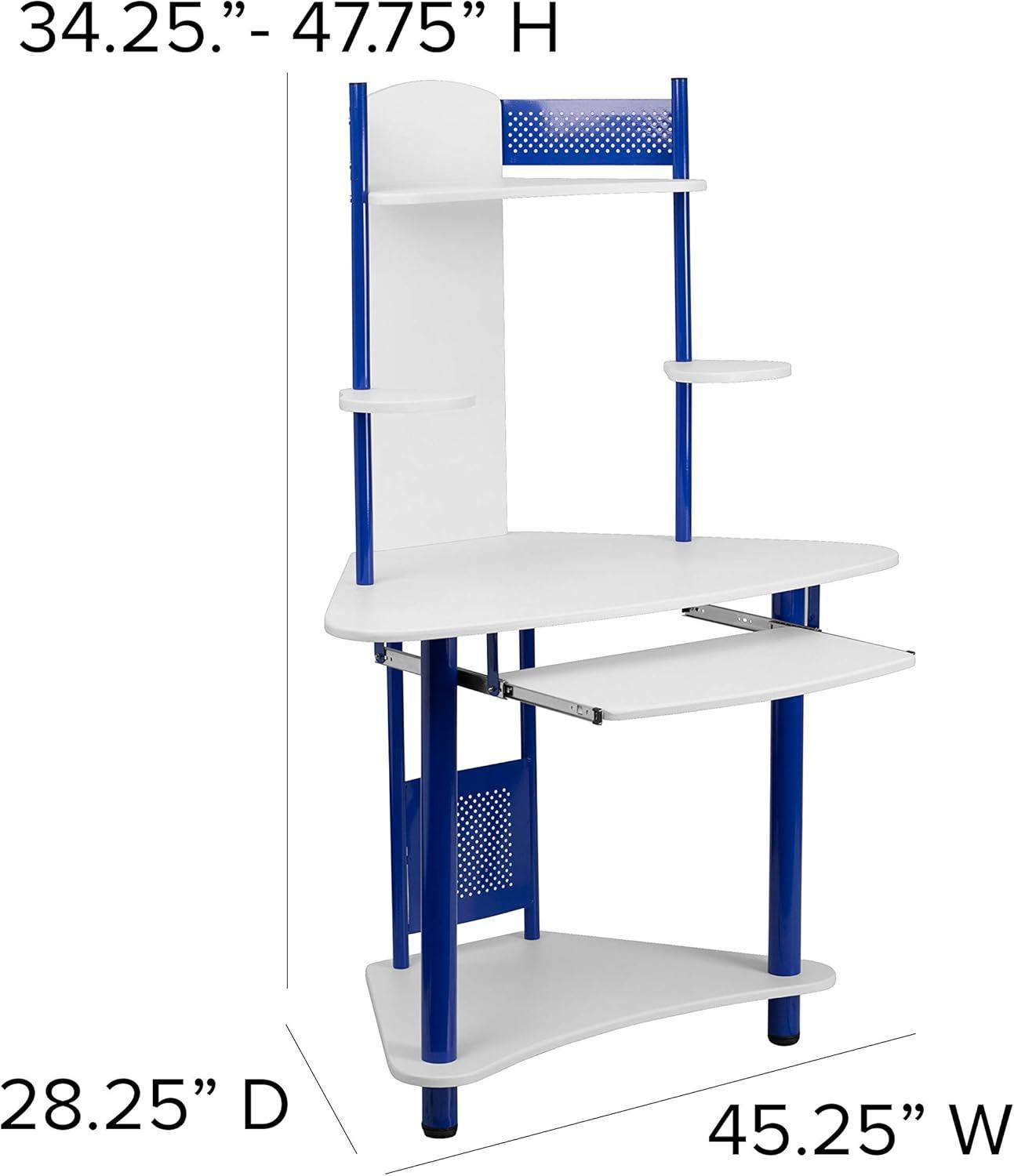 Compact Blue and White Corner Computer Desk with Integrated Hutch