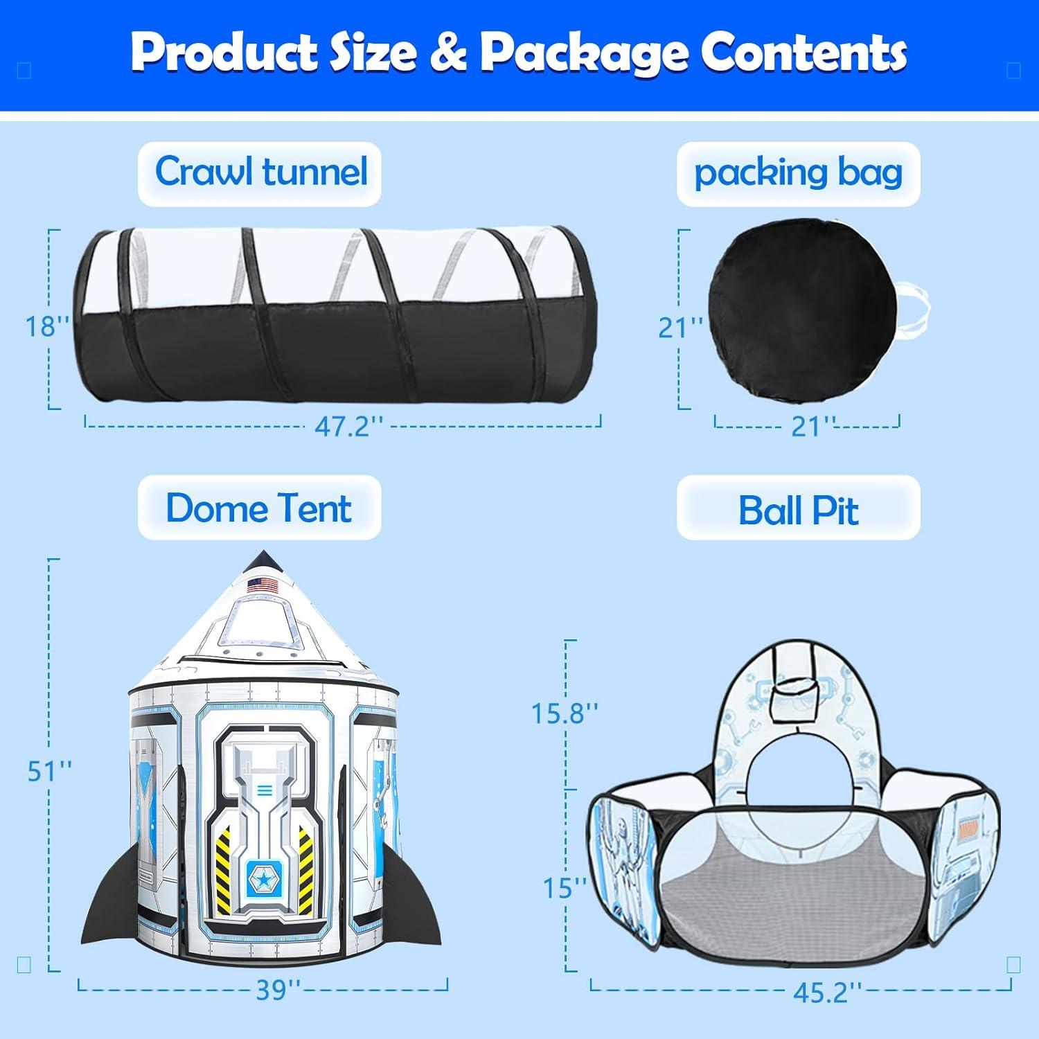 Rocket Ship Kids Play Tent: 3Pcs Toddlers Pop Up Ball Pit and Play Tunnel for Indoor Outdoor, Spaceship Baby Playhouse Toys for 1-3 Year Old Boys Girls (3 in 1 Kids Tent)