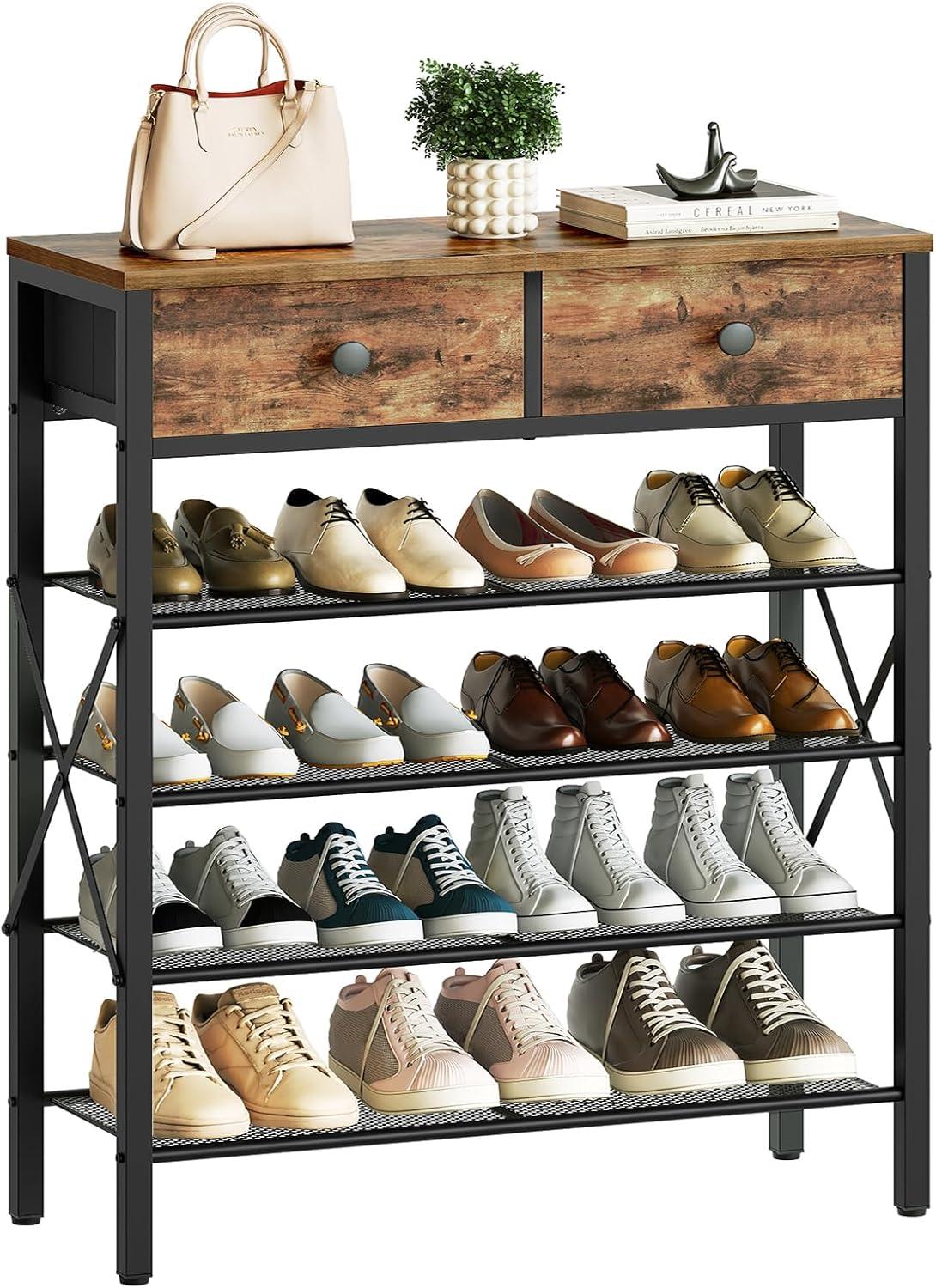 VASAGLE 5 Tier Shoe Rack for Entryway - Industrial Style Shoe Storage Organizer for 16-20 Pairs - Sturdy Wooden Top, Steel Frame - Rustic Brown/Black