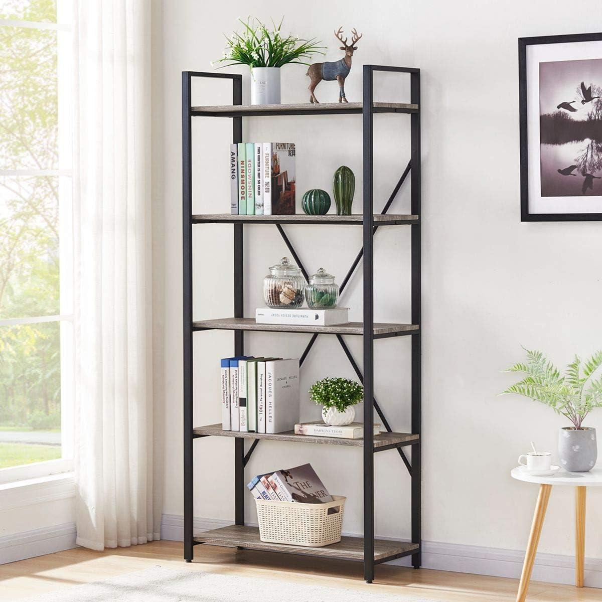 Dark Gray Oak and Black 5-Tier Industrial Bookshelf